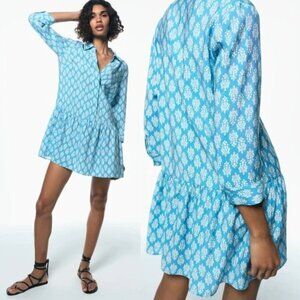 Zara The Carly Printed Mini Dress NWT L Blue Block Print